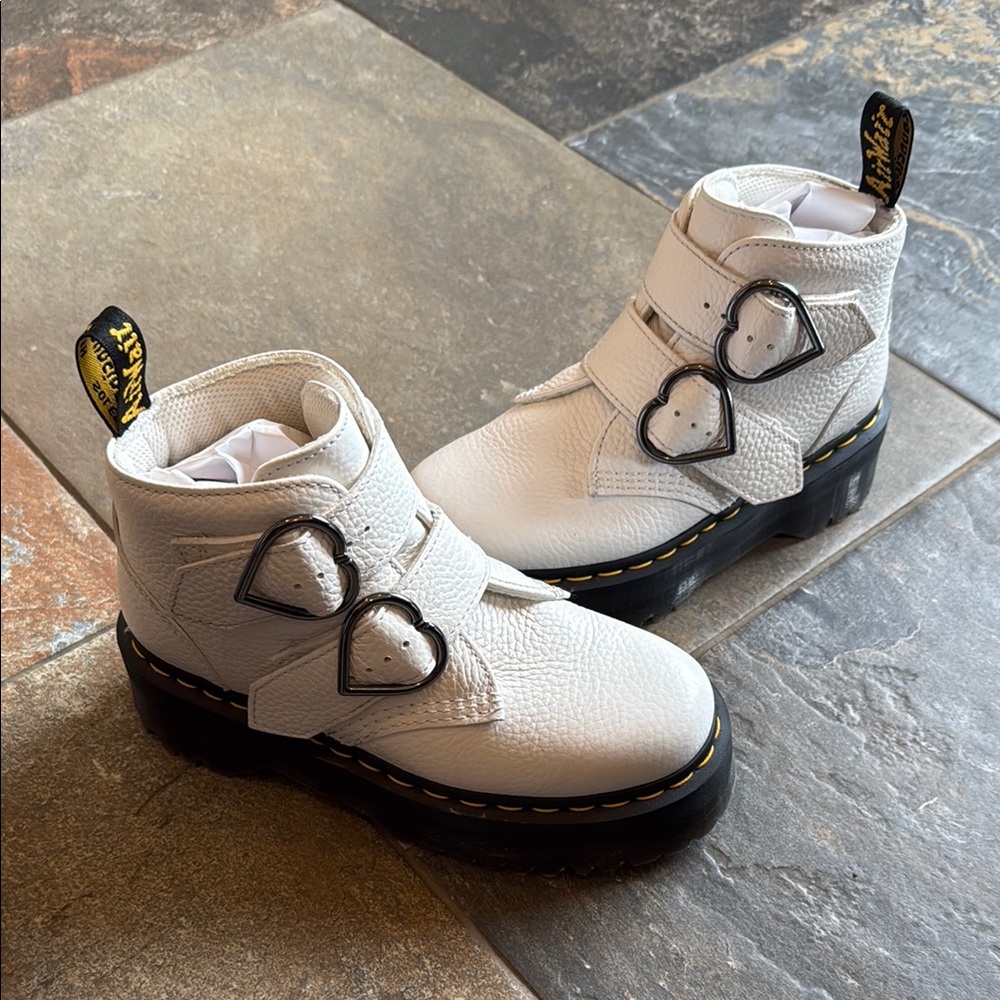White Devon Heart Buckle Doc Martens